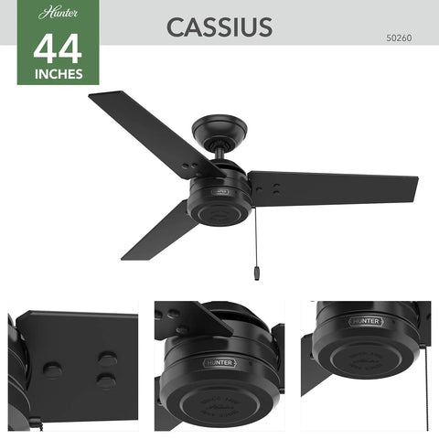 Matte black 44 inch indoor outdoor ceiling fan no light with reversible blades, damp rated for patio, porch, garage, pull chain control