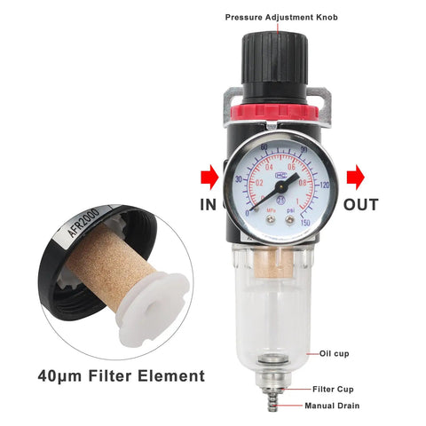 1/4 Inch NPT AFR2000 Air Compressor Filter Regulator Combo With Water Oil Separator, showing filter element and manual drain.