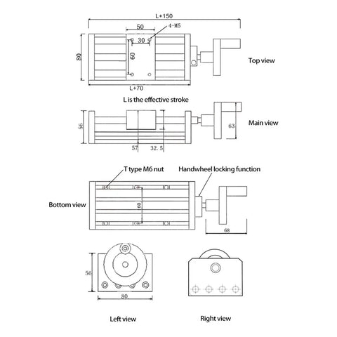 Technical diagram of CNC XY Axis Ball Screw Linear Guide System for Precise Engraving and Milling 50x200 stroke with detailed views