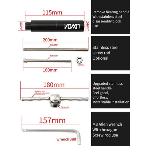 Pro Grade Bike Bottom Bracket Press And Removal Tool Kit For BB86 BB30 BB91 BB92 PF30 tools with specifications and sizes