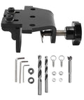 Heavy Duty Aluminum Doweling Jig Kit And Precision Drilling Locator With Adjustable Depth Stops and Self Locking Clamp showing components and accessories.