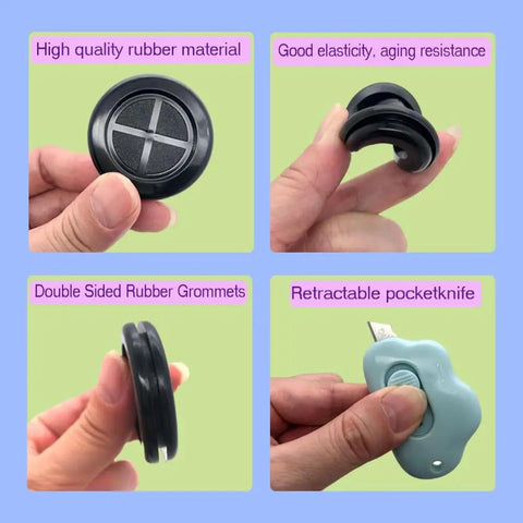 Close-up of 65 Piece Round Rubber Grommets Kit With Six Sizes For Wiring And Auto Projects, includes retractable knife, high temp rubber