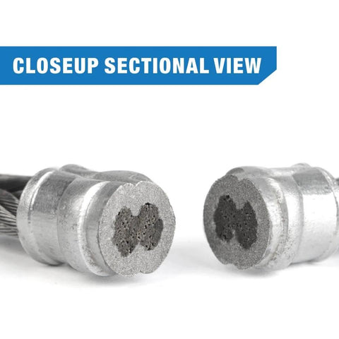 Close-up section of aluminum oval sleeves crimped with Wire Rope Crimping Tool For Aluminum Oval Sleeves And Ferrules, Heavy Duty Swaging Kit