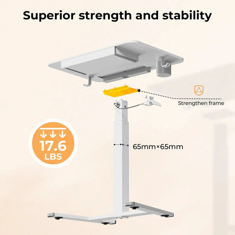 Mobile Standing Desk On Wheels With Drawer, 28 Inch Rolling Laptop Cart With Cup Holder And Hooks showing frame strength detail