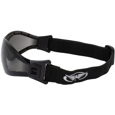 Side view of Anti-Fog Goggles With Smoke Lens For Bright Sun, Z87.1 safety rated, shatterproof polycarbonate, vented EVA foam padding.
