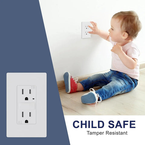 Child near a wall with GFCI Outlet 20 Amp 125 Volt Self Test, Tamper Resistant Receptacle With LED Indicator, UL Listed, White, 2 Pack.
