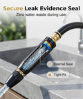 Adjustable Garden Hose Nozzle With Metal Connector showcasing leak evidence seal, water flowing from nozzle in sink