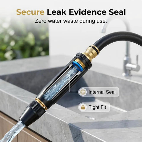 Adjustable Garden Hose Nozzle With Metal Connector showcasing leak evidence seal, water flowing from nozzle in sink