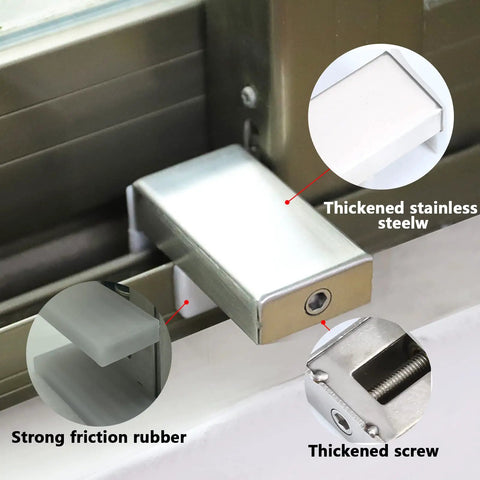 Heavy Duty Sliding Door Lock And Security Bar Kit White Aluminum Stopper with thickened steel, rubber, and screw details