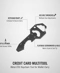 Metal Card EDC Multitool with bottle opener and flathead screwdriver for wallet carry, slim keychain tool showing features