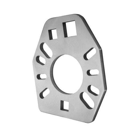Stainless steel pinion yoke wrench plate with central bore and multiple slotted mounting holes