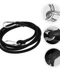 Elastic Cargo Binding Belt With Quick Release Tensioner for Kayak and Boat Trailers, black cord with metal hooks on a light background.