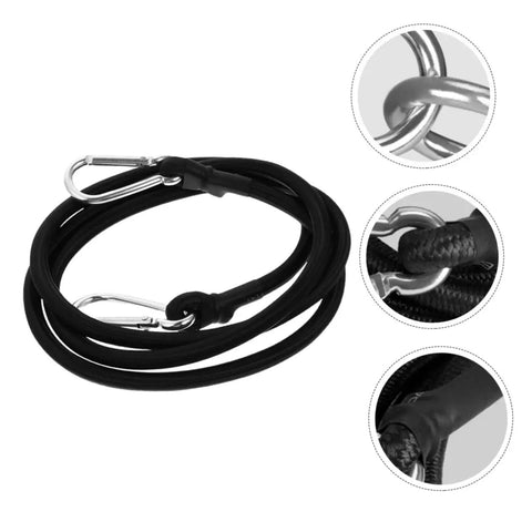 Elastic Cargo Binding Belt With Quick Release Tensioner for Kayak and Boat Trailers, black cord with metal hooks on a light background.
