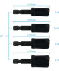 8 Piece Wood Plug Cutter Set With Four Straight And Four Tapered Cutters, black finish, showing four sizes with dimensions labeled.