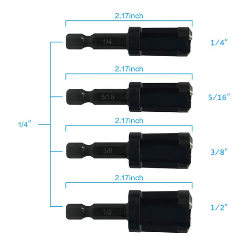 8 Piece Wood Plug Cutter Set With Four Straight And Four Tapered Cutters, black finish, showing four sizes with dimensions labeled.