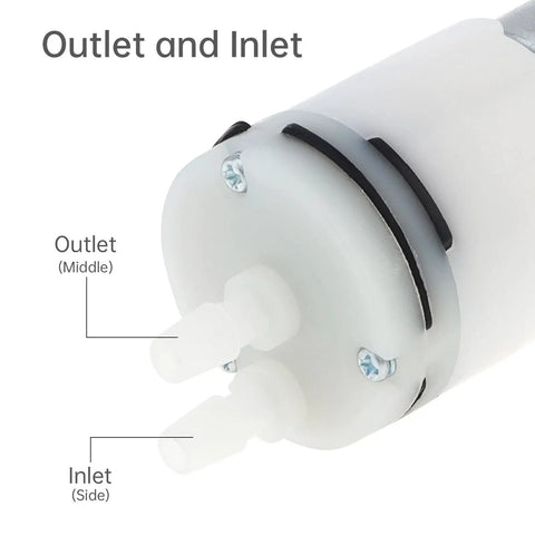 Two Pack R370 Micro Water Pump Motor With 3.7V DC Power, showing inlet and outlet nozzle design