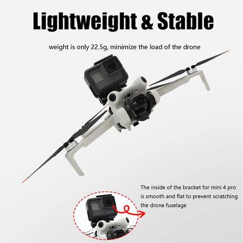 Vlog Ready Drone Camera Mount Top Carry Extension Bracket With One Quarter Inch Screw Tripod Adapter in use on Mini 4 Pro with camera