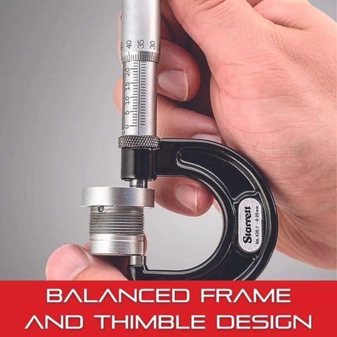 Outside Micrometer With One-Piece Spindle And Tapered Frame in hand, heavy-duty rust-resistant build with satin chrome finish