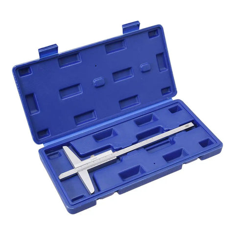 Depth Vernier Caliper With 0.02mm Resolution, 0-150mm Measuring Tool, in blue case, metal gauge with 45Cr bar and alloy frame.
