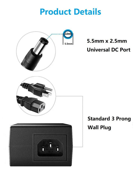 5.5mm x 2.5mm plug and 3 prong wall plug of 24V DC Power Supply 4A Universal AC Adapter 100 240V Input To 24V Output 4 Amp Transformer