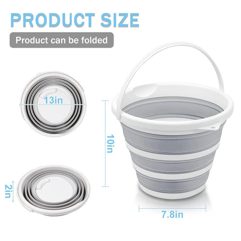 Two Pack Collapsible Buckets 2.6 Gallon Capacity showing folded and expanded views with dimensions for easy storage.