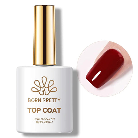 No Wipe Gel Top Coat Clear 15Ml High Gloss Scratch Resistant Shield Against Daily Hustle Rock Hard Armor in a bottle with a red nail swatch.