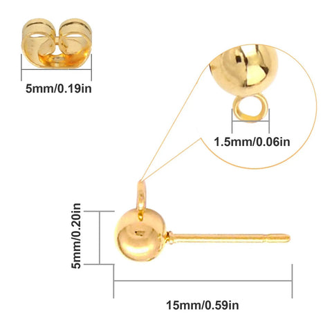 KC Gold Ball Post Earring Studs With Loop, 5mm gold tone brass earring post with 1.5mm loop
