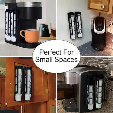 Side Mount K Cup Coffee Pod Holder For Keurig Two Pack Black Slim Organizer installed beside coffee makers in small kitchens