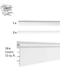 Heavy Duty PVC Slatwall Garage Organizer System 8 Ft By 4 Ft White Panels For A No-Fuss 32 Sq Ft Setup, Interlocking Slatwall Panels, Holds Up To 75 Lb Per Sq Ft, Includes Trims And Hardware For Stud Or Drywall Installation shown with included trims and nails.