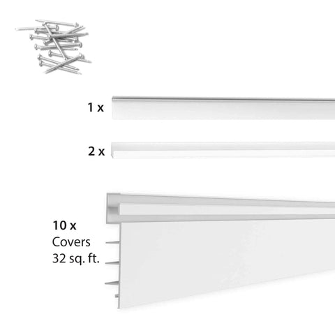 Heavy Duty PVC Slatwall Garage Organizer System 8 Ft By 4 Ft White Panels For A No-Fuss 32 Sq Ft Setup, Interlocking Slatwall Panels, Holds Up To 75 Lb Per Sq Ft, Includes Trims And Hardware For Stud Or Drywall Installation shown with included trims and nails.