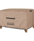 Waterproof Rectangular Outdoor Coffee Table Cover 48x26x18 Inch Weatherproof Patio Side Table Shield For Rain Snow Dust Leaves And Bird Droppings Heavy Duty 600D Polyester With Dual Side Vents, covering a coffee table on a patio.