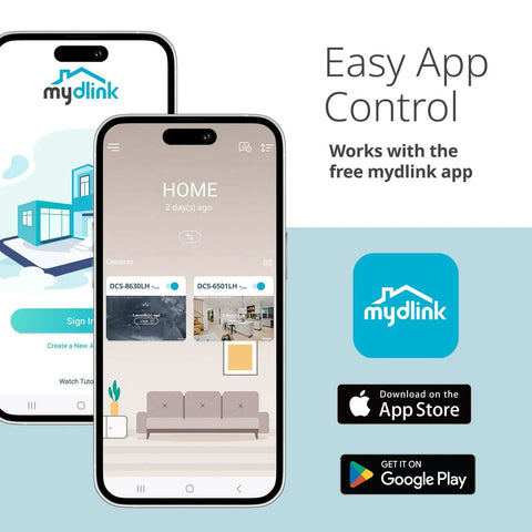 Mydlink app interface showing Mydlink Full HD WiFi Pan Tilt Security Camera 360 View No Fuss Setup Pet And Baby Monitoring.