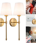Peel And Stick Wall Sconces Set Of 2 With Rechargeable Battery Wire Free No Drill Adhesive Wall Lamp Gold White shown together with remote.