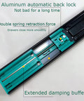 Close-up of full extension ball bearing drawer slides with soft close, showing aluminum back lock and damping buffer.