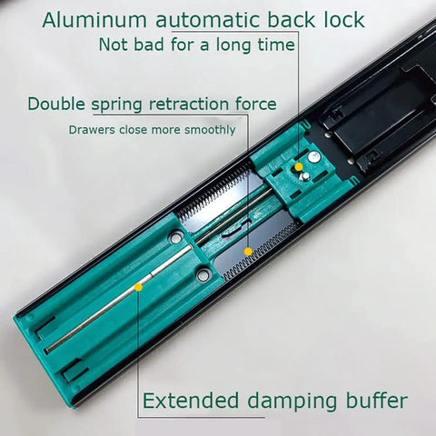 Close-up of full extension ball bearing drawer slides with soft close, showing aluminum back lock and damping buffer.