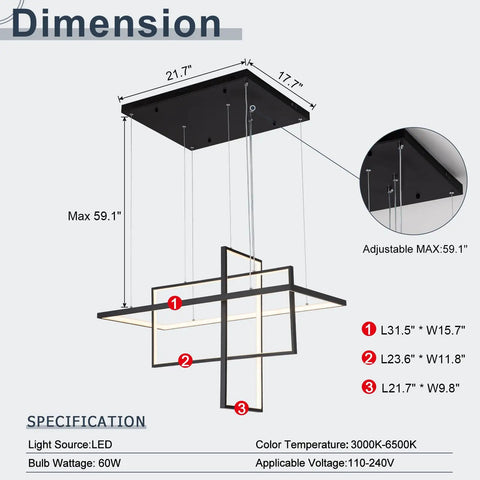 Dimensions diagram of Modern Black 3 Light LED Chandelier With Remote Control Dimmable Color Changing Pendant Lighting