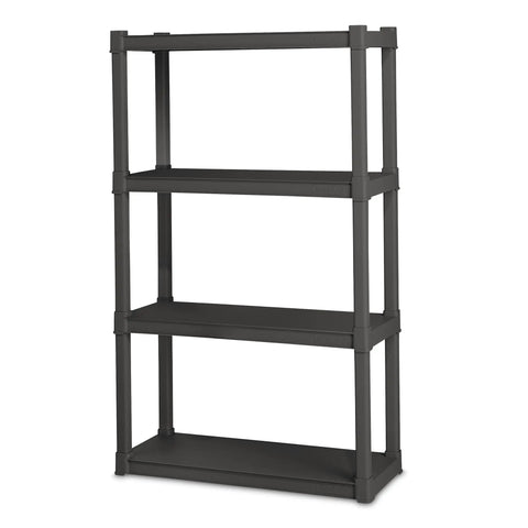 Four Shelf Heavy Duty Plastic Storage And Utility Shelving Unit For Garage Basement And Laundry Room With 50 Lb Capacity Per Shelf Durable Industrial Grade Rack For Easy Organization And Quick Access, dark gray, front view