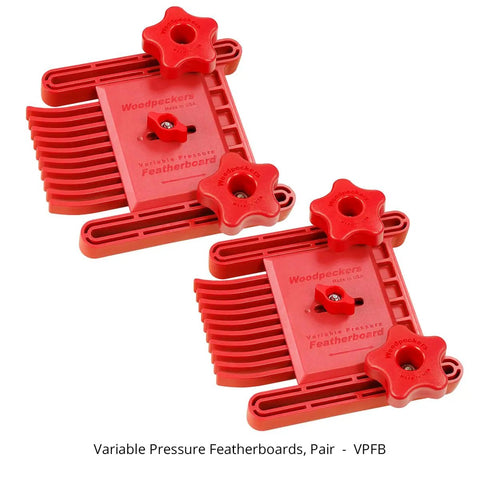Rock Solid Variable Pressure Featherboard 2 Pack Adjustable Tension Control For Router Tables And Table Saws showing red featherboards for woodworking safety.