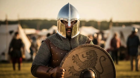 Warrior wearing Medieval Barbuta Helmet With Liner for Larp, Cosplay, Halloween and Theatrical Props, holding a shield outdoors