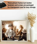 Front view of a metal picture frame set with screws and turn-button hardware; silver frame displaying a child's photo.