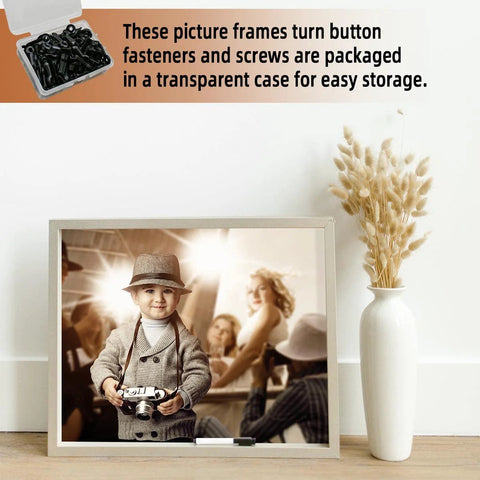Front view of a metal picture frame set with screws and turn-button hardware; silver frame displaying a child's photo.