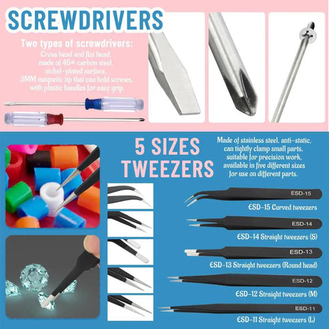 85 Piece Model Tools Kit For Hobbyists And Beginners showcasing screwdrivers and 5 sizes of stainless steel tweezers for precision work