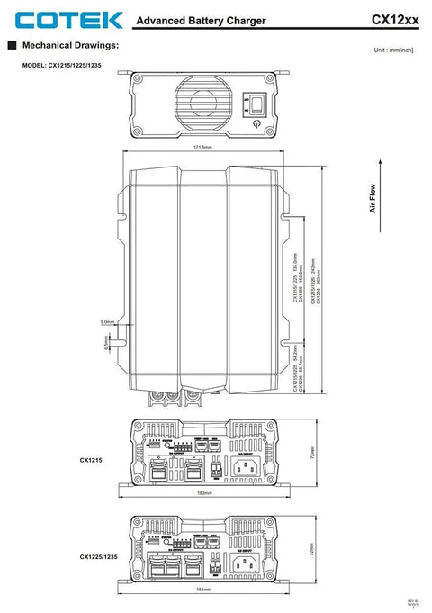 Mechanical drawing of COTEK Advanced Battery Charger, CX12xx model, showing dimensions and connections for installation.