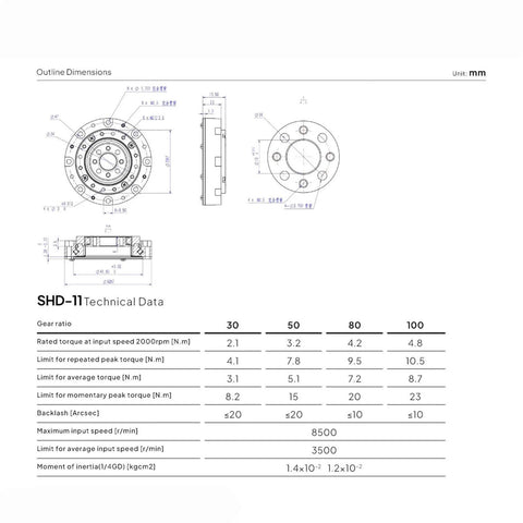 Technical diagram and specifications of Compact 14 17 Servo Motor Speed Reducer With 52mm Gearbox Strain Wave Gear Harmonic Drive.