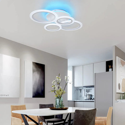 4 Ring LED Ceiling Light With Remote, 56W Dimmable White Flush Mount Fixture in modern kitchen setting.