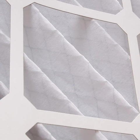 Close-up of pleated MERV 8 air filter 16x20x4 showing filter material texture, actual size 15.5 x 19.5 x 3.63 for HVAC systems.