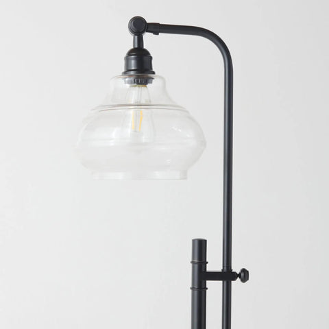 Tall Industrial LED Floor Lamp With Adjustable Head And Rustic Glass Teardrop Shade, Black Finish, Mid Century Modern Style