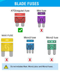 Diagram of blade fuses showing ATO fuse as correct for 120 Piece Standard Blade Fuse Kit for Cars, Trucks and Boats with 5 7.5 10 15 20 25 30 Amp Fuses, Color Coded Tops for Quick ID, Open Type APR ATO ATC Compatible, Built to Last Automotive Safety Gear with 2 Years Warranty, others marked incorrect.