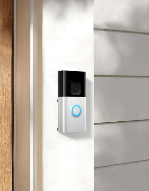 No Drill Ring Doorbell Mount For Renters Adhesive Stick On Solution installed on white doorframe.