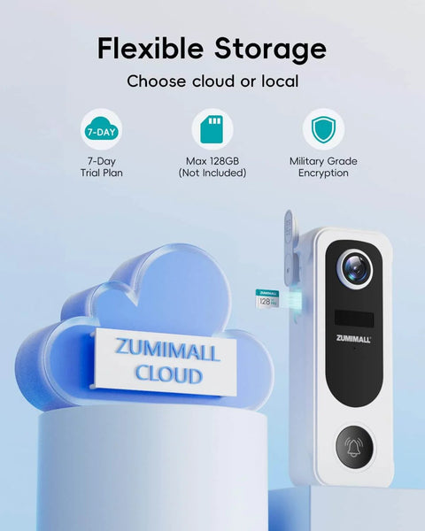Wireless Doorbell Camera With 2K Video No Subscription Built In Chime Plug And Play 2 Way Audio 30 Second Voice Message Anti Theft AI Detection 2.4GHz WiFi Only Battery Powered Works With Alexa next to Zumimall cloud storage option